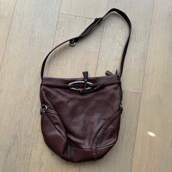 Brighton Shoulder Bag Top Stitching Silver Buckle Tassel Brown Pebbled Leather - Picture 1 of 8